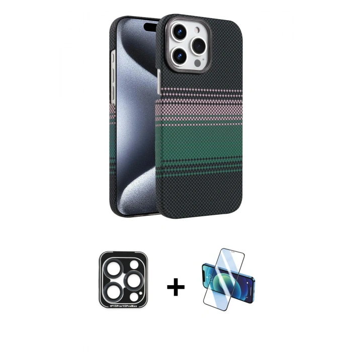 MARSİLYAN™- iPhone 15 Pro Max Kılıf Doruk Serisi - Siyah 3D Antistatik Seramik Nano Ekran Koruyucu + PVD Metal Kamera Lens - LT