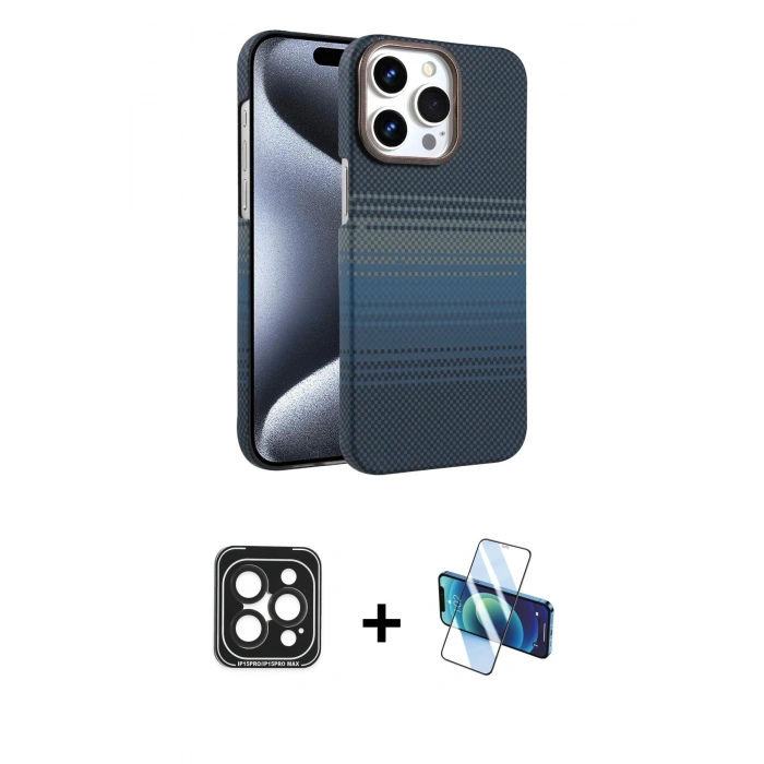 MARSİLYAN™- iPhone 15 Pro Max Kılıf Doruk Serisi - Siyah 3D Antistatik Seramik Nano Ekran Koruyucu + PVD Metal Kamera Lens - SH