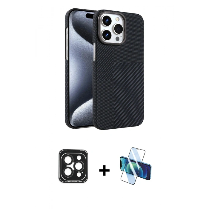 MARSİLYAN™- iPhone 15 Pro Max Kılıf Doruk Serisi - Siyah 3D Antistatik Seramik Nano Ekran Koruyucu + PVD Metal Kamera Lens - SH