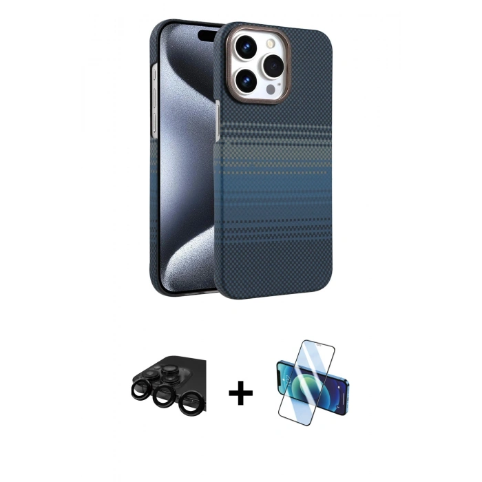 MARSİLYAN™- iPhone 15 Pro Max Kılıf Doruk Serisi - Siyah 3D Antistatik Seramik Nano Ekran Koruyucu + Raze Metal Kamera Lens - SH