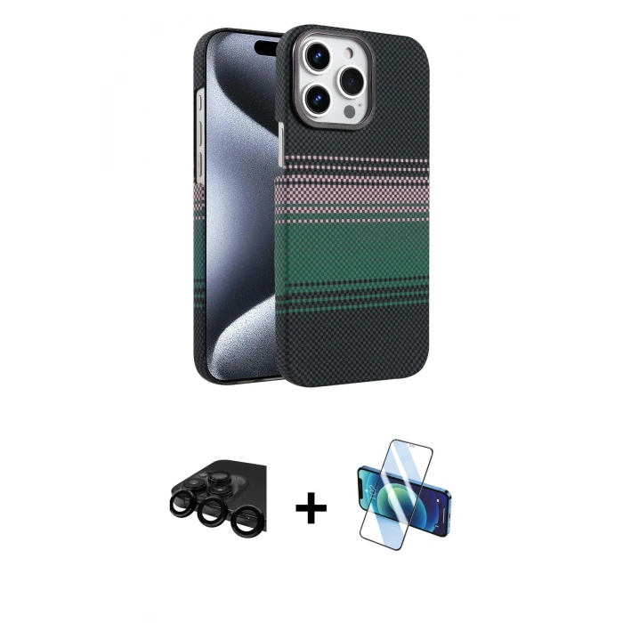 MARSİLYAN™- iPhone 15 Pro Max Kılıf Doruk Serisi - Siyah 3D Antistatik Seramik Nano Ekran Koruyucu + Raze Metal Kamera Lens - SH