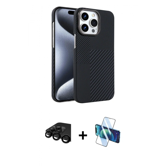 MARSİLYAN™- iPhone 15 Pro Max Kılıf Doruk Serisi - Siyah 3D Antistatik Seramik Nano Ekran Koruyucu + Raze Metal Kamera Lens - SH