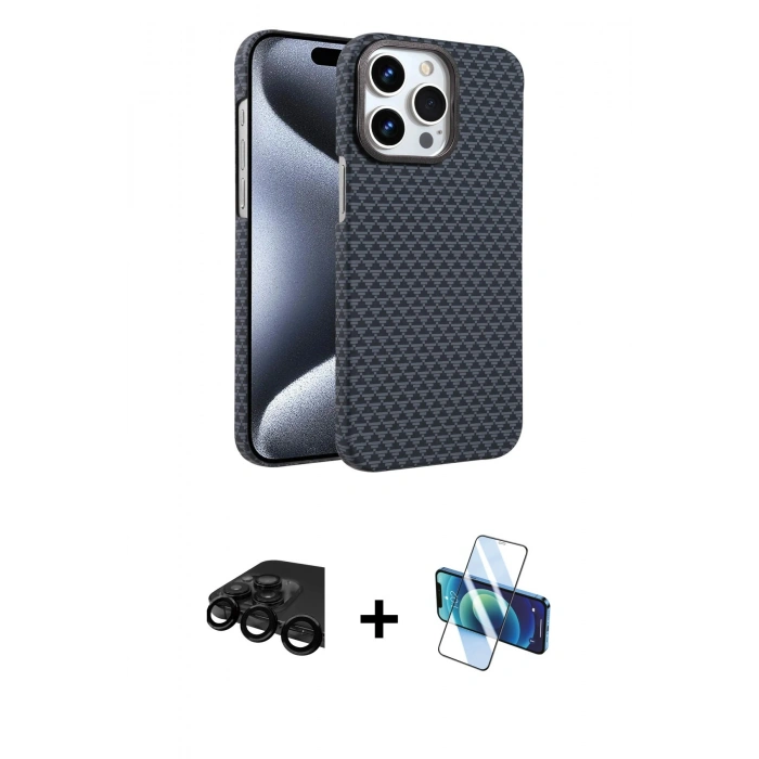 MARSİLYAN™- iPhone 15 Pro Max Kılıf Doruk Serisi - Siyah 3D Antistatik Seramik Nano Ekran Koruyucu + Raze Metal Kamera Lens - SH
