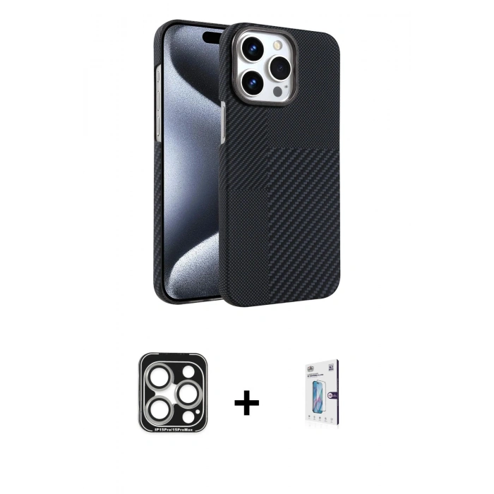 MARSİLYAN™- iPhone 15 Pro Max Kılıf Doruk Serisi - Siyah Bilvis 0.18mm Plus Cam Ekran Koruyucu + Gümüş PVD Metal Kamera Lens