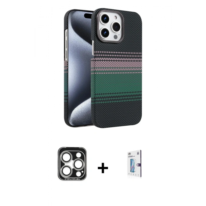 MARSİLYAN™- iPhone 15 Pro Max Kılıf Doruk Serisi - Siyah Bilvis 0.18mm Plus Cam Ekran Koruyucu + Gümüş PVD Metal Kamera Lens