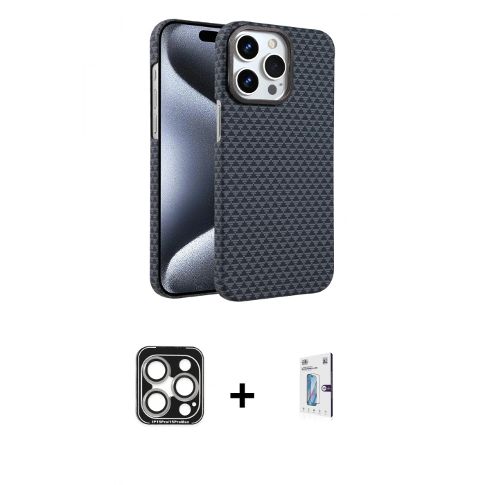 MARSİLYAN™- iPhone 15 Pro Max Kılıf Doruk Serisi - Siyah Bilvis 0.18mm Plus Cam Ekran Koruyucu + Gümüş PVD Metal Kamera Lens