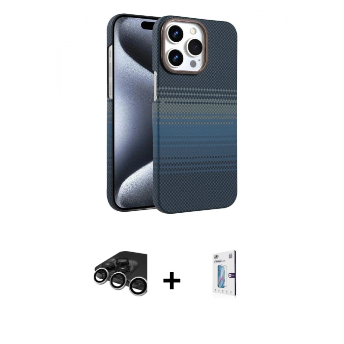 MARSİLYAN™- iPhone 15 Pro Max Kılıf Doruk Serisi - Siyah Bilvis 0.18mm Plus Cam Ekran Koruyucu + Gümüş Raze Metal Kamera Lens
