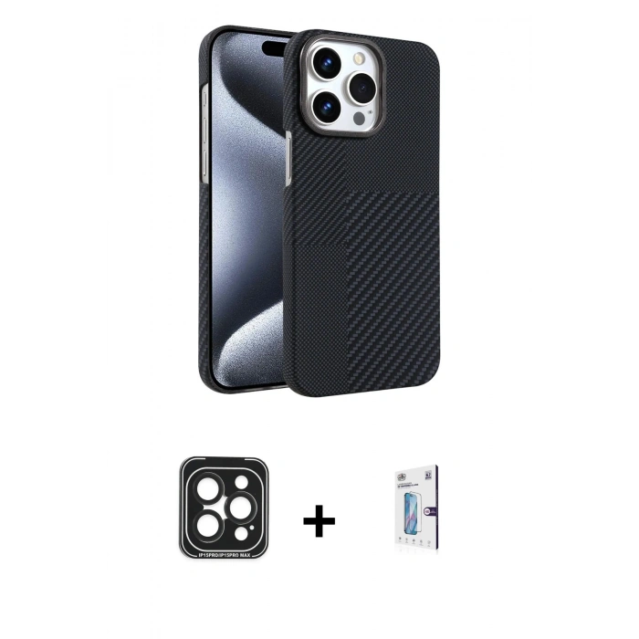 MARSİLYAN™- iPhone 15 Pro Max Kılıf Doruk Serisi - Siyah Bilvis 0.18mm Plus Cam Ekran Koruyucu + PVD Metal Kamera Lens - SH