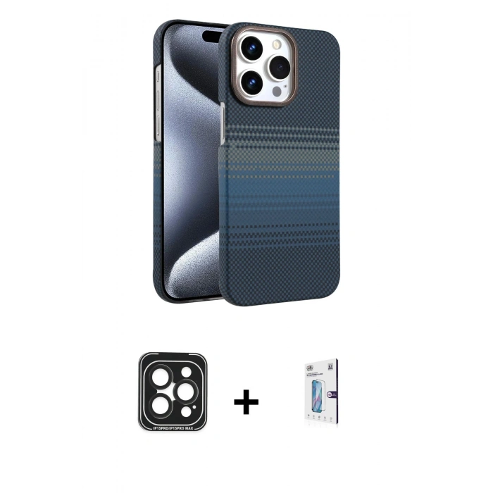 MARSİLYAN™- iPhone 15 Pro Max Kılıf Doruk Serisi - Siyah Bilvis 0.18mm Plus Cam Ekran Koruyucu + PVD Metal Kamera Lens - SH