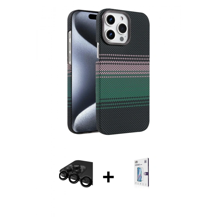 MARSİLYAN™- iPhone 15 Pro Max Kılıf Doruk Serisi - Siyah Bilvis 0.18mm Plus Cam Ekran Koruyucu + Siyah Raze Metal Kamera Lens
