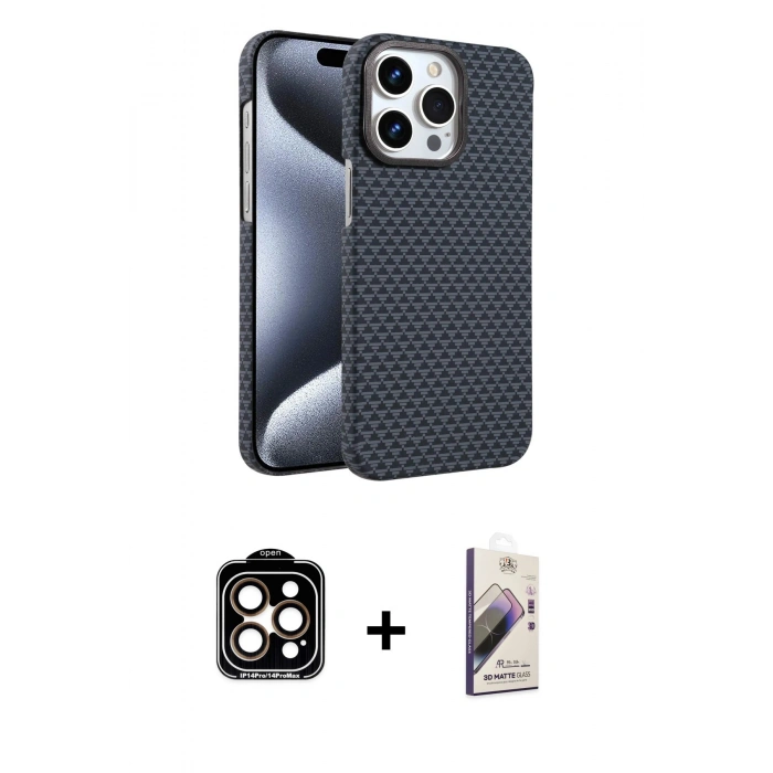 MARSİLYAN™- iPhone 15 Pro Max Kılıf Doruk Serisi - Siyah Bilvis 3D Mat Cam Ekran Koruyucu + PVD Metal Kamera Lens - TU