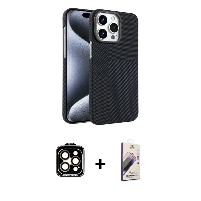 MARSİLYAN™- iPhone 15 Pro Max Kılıf Doruk Serisi - Siyah Bilvis 3D Mat Cam Ekran Koruyucu + PVD Metal Kamera Lens - TU