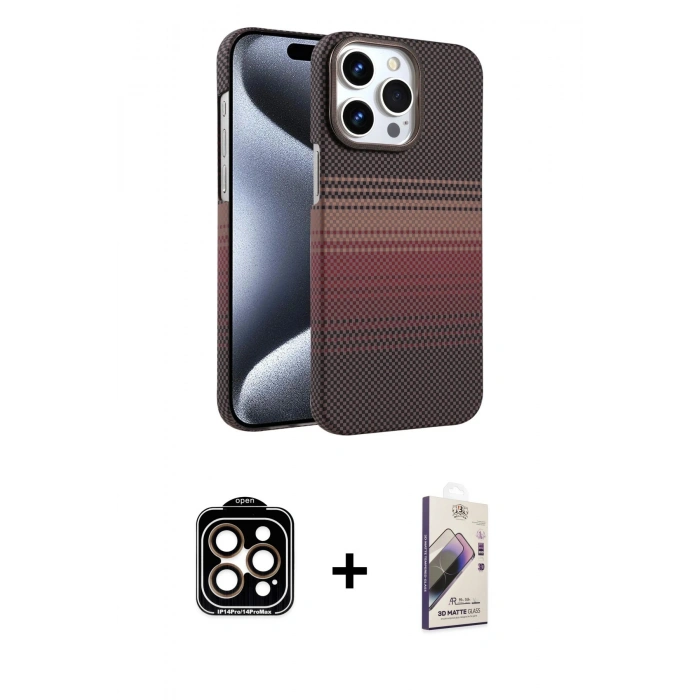 MARSİLYAN™- iPhone 15 Pro Max Kılıf Doruk Serisi - Siyah Bilvis 3D Mat Cam Ekran Koruyucu + PVD Metal Kamera Lens - TU