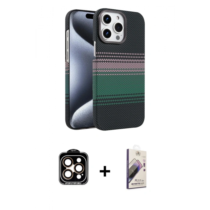 MARSİLYAN™- iPhone 15 Pro Max Kılıf Doruk Serisi - Siyah Bilvis 3D Mat Cam Ekran Koruyucu + PVD Metal Kamera Lens - TU