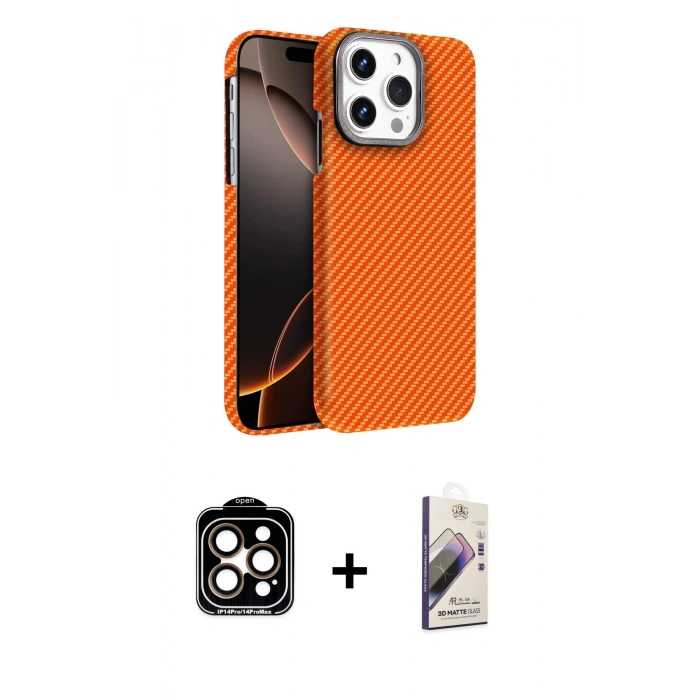 MARSİLYAN™- iPhone 15 Pro Max Kılıf Doruk Serisi - Siyah Bilvis 3D Mat Cam Ekran Koruyucu + PVD Metal Kamera Lens - TU