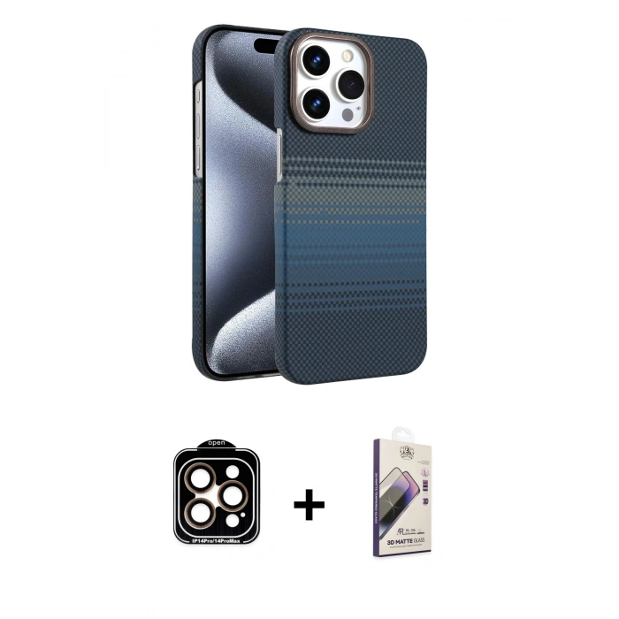 MARSİLYAN™- iPhone 15 Pro Max Kılıf Doruk Serisi - Siyah Bilvis 3D Mat Cam Ekran Koruyucu + PVD Metal Kamera Lens - TU