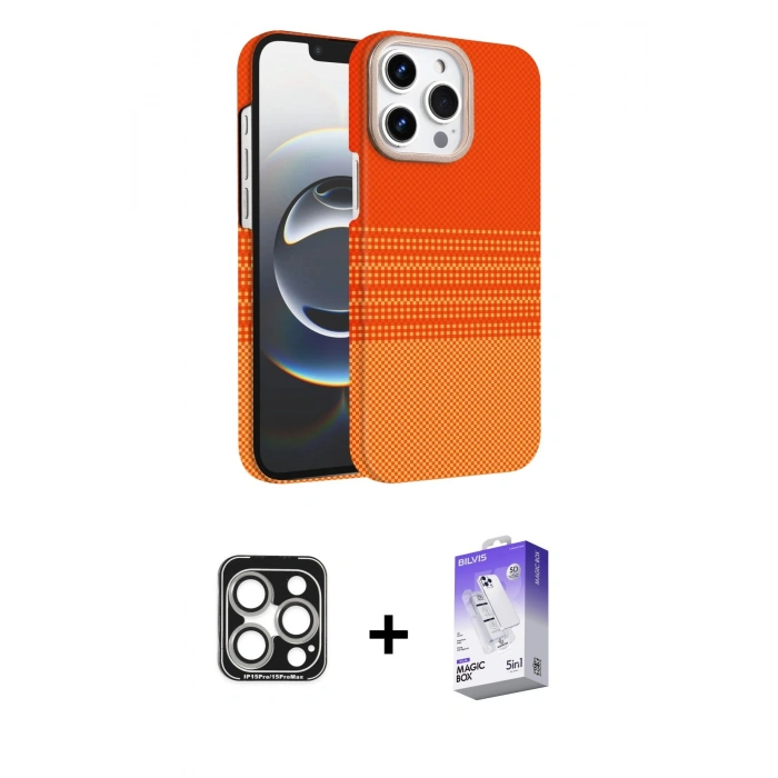 MARSİLYAN™- iPhone 15 Pro Max Kılıf Doruk Serisi - Siyah Bilvis 5in1 3D Magic Cam Ekran Koruyucu + PVD Metal Kamera Lens - GS