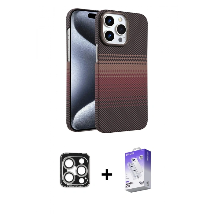 MARSİLYAN™- iPhone 15 Pro Max Kılıf Doruk Serisi - Siyah Bilvis 5in1 3D Magic Cam Ekran Koruyucu + PVD Metal Kamera Lens - GS