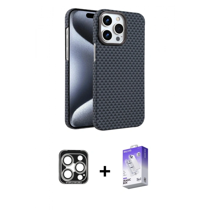 MARSİLYAN™- iPhone 15 Pro Max Kılıf Doruk Serisi - Siyah Bilvis 5in1 3D Magic Cam Ekran Koruyucu + PVD Metal Kamera Lens - GS