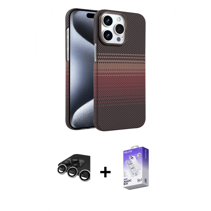 MARSİLYAN™- iPhone 15 Pro Max Kılıf Doruk Serisi - Siyah Bilvis 5in1 3D Magic Cam Ekran Koruyucu + Gümüş Raze Metal Kamera Lens