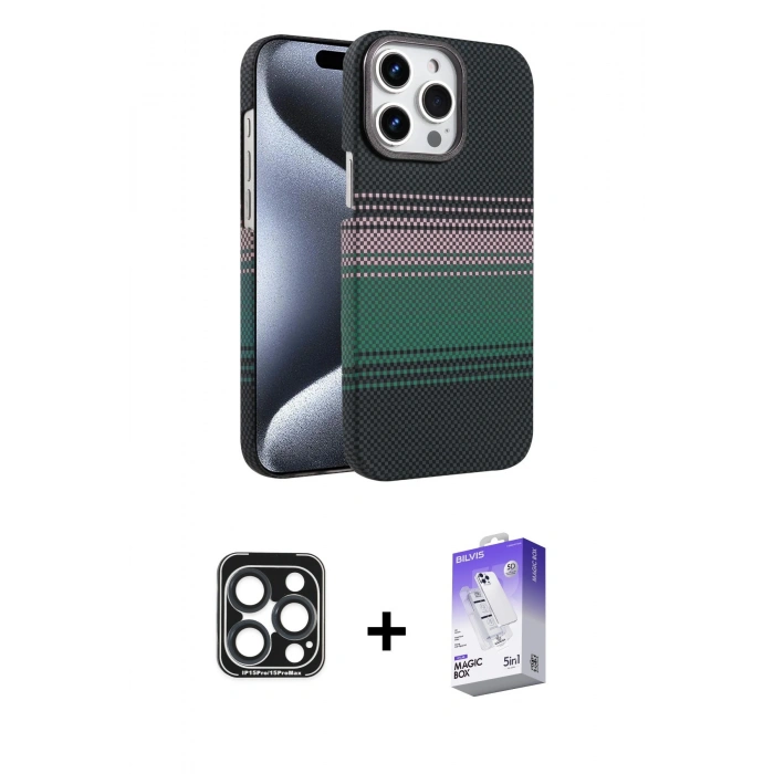 MARSİLYAN™- iPhone 15 Pro Max Kılıf Doruk Serisi - Siyah Bilvis 5in1 3D Magic Cam Ekran Koruyucu + PVD Metal Kamera Lens - LT