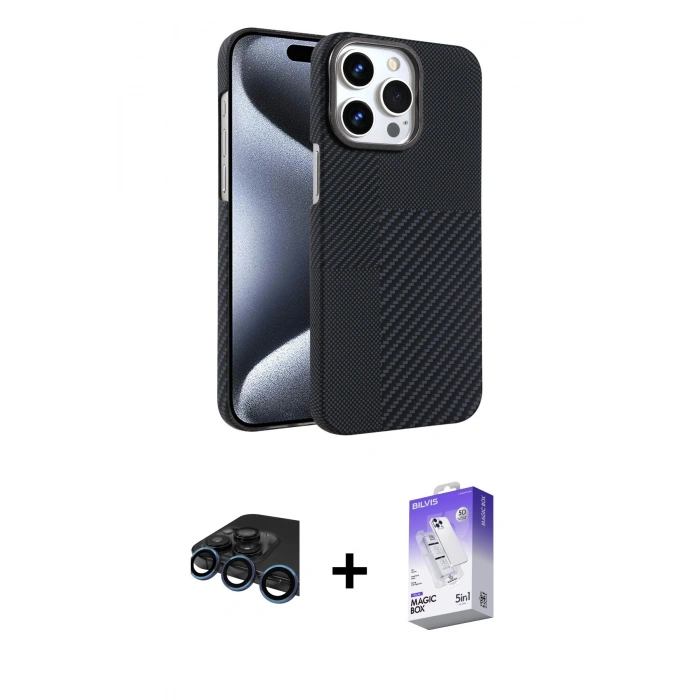 MARSİLYAN™- iPhone 15 Pro Max Kılıf Doruk Serisi - Siyah Bilvis 5in1 3D Magic Cam Ekran Koruyucu + Lacivert Raze Metal Kamera Lens