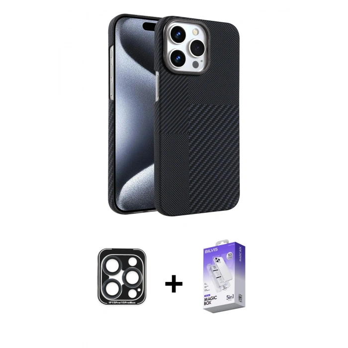 MARSİLYAN™- iPhone 15 Pro Max Kılıf Doruk Serisi - Siyah Bilvis 5in1 3D Magic Cam Ekran Koruyucu + PVD Metal Kamera Lens - LT