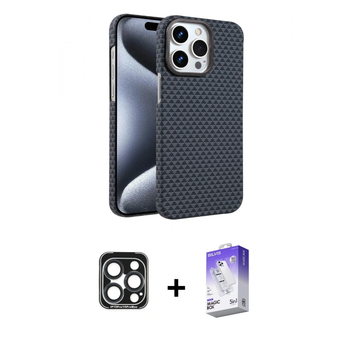 MARSİLYAN™- iPhone 15 Pro Max Kılıf Doruk Serisi - Siyah Bilvis 5in1 3D Magic Cam Ekran Koruyucu + PVD Metal Kamera Lens - LT