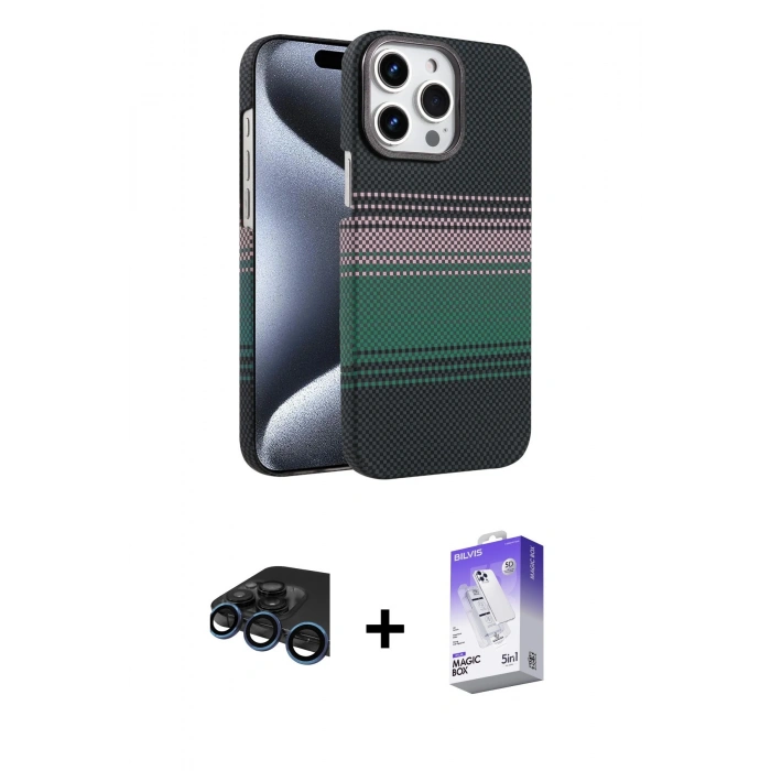MARSİLYAN™- iPhone 15 Pro Max Kılıf Doruk Serisi - Siyah Bilvis 5in1 3D Magic Cam Ekran Koruyucu + Lacivert Raze Metal Kamera Lens