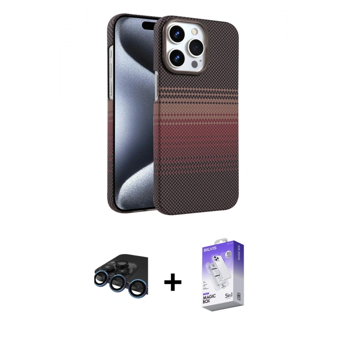 MARSİLYAN™- iPhone 15 Pro Max Kılıf Doruk Serisi - Siyah Bilvis 5in1 3D Magic Cam Ekran Koruyucu + Lacivert Raze Metal Kamera Lens