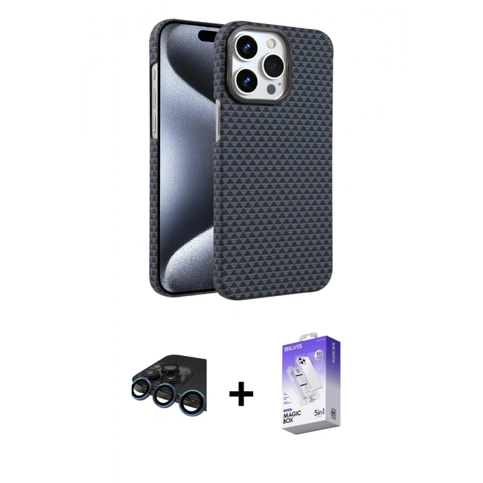 MARSİLYAN™- iPhone 15 Pro Max Kılıf Doruk Serisi - Siyah Bilvis 5in1 3D Magic Cam Ekran Koruyucu + Lacivert Raze Metal Kamera Lens