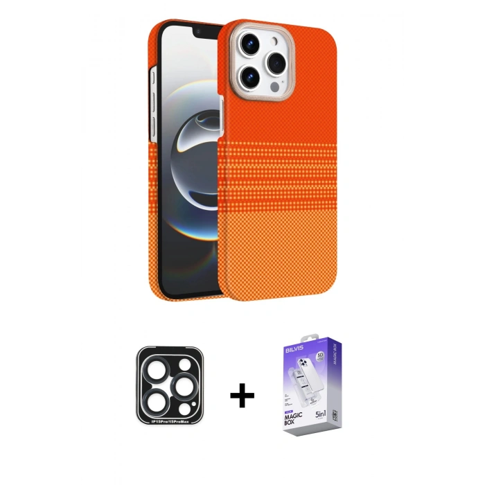 MARSİLYAN™- iPhone 15 Pro Max Kılıf Doruk Serisi - Siyah Bilvis 5in1 3D Magic Cam Ekran Koruyucu + PVD Metal Kamera Lens - LT