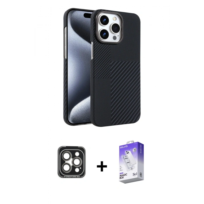 MARSİLYAN™- iPhone 15 Pro Max Kılıf Doruk Serisi - Siyah Bilvis 5in1 3D Magic Cam Ekran Koruyucu + PVD Metal Kamera Lens - GI