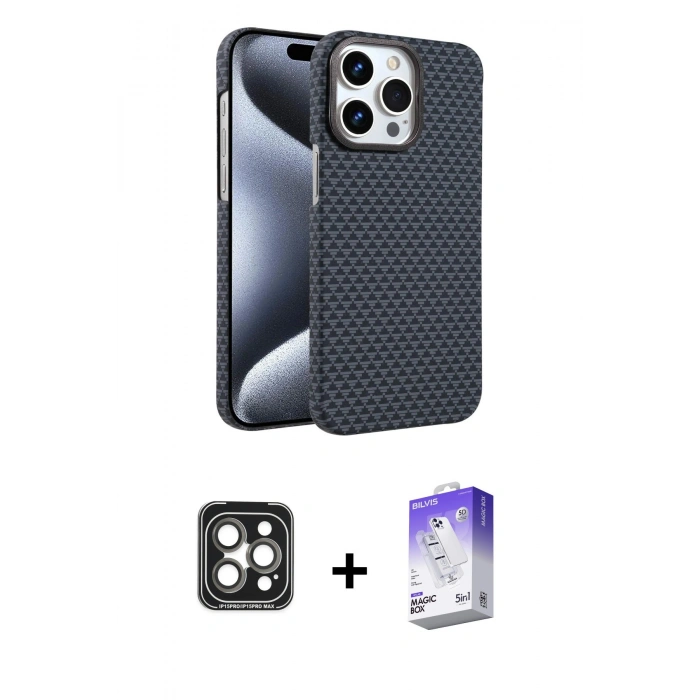 MARSİLYAN™- iPhone 15 Pro Max Kılıf Doruk Serisi - Siyah Bilvis 5in1 3D Magic Cam Ekran Koruyucu + PVD Metal Kamera Lens - GI