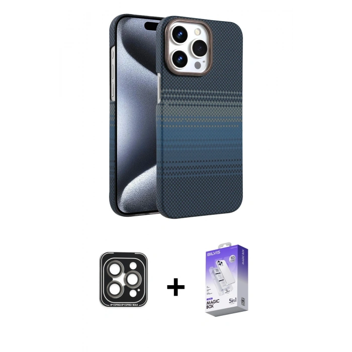 MARSİLYAN™- iPhone 15 Pro Max Kılıf Doruk Serisi - Siyah Bilvis 5in1 3D Magic Cam Ekran Koruyucu + PVD Metal Kamera Lens - GI