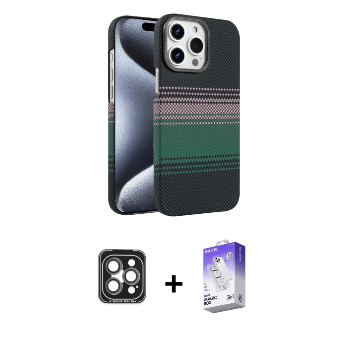 MARSİLYAN™- iPhone 15 Pro Max Kılıf Doruk Serisi - Siyah Bilvis 5in1 3D Magic Cam Ekran Koruyucu + PVD Metal Kamera Lens - GI