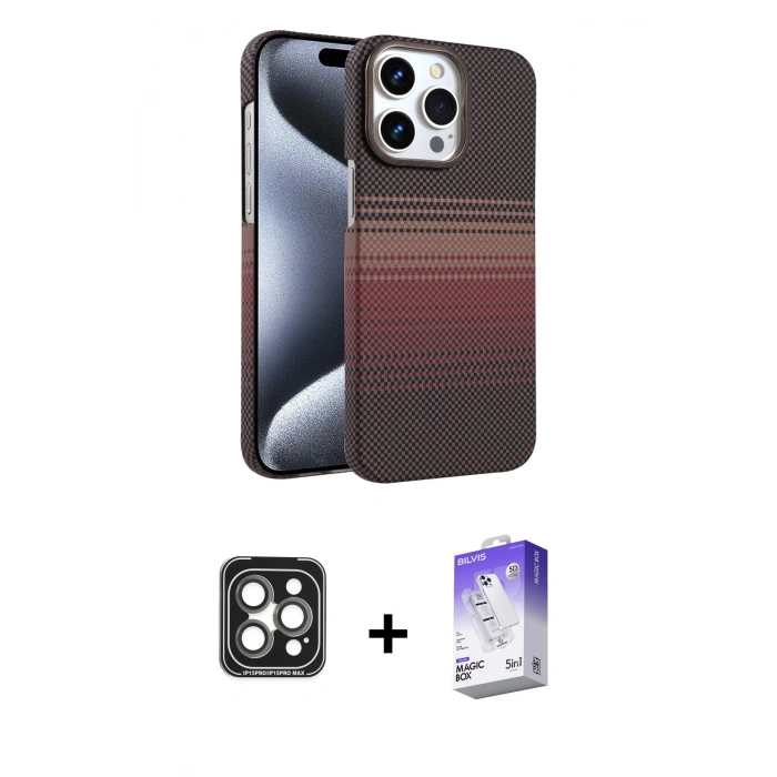 MARSİLYAN™- iPhone 15 Pro Max Kılıf Doruk Serisi - Siyah Bilvis 5in1 3D Magic Cam Ekran Koruyucu + PVD Metal Kamera Lens - GI
