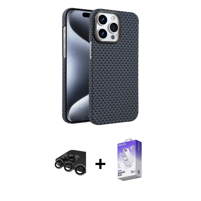 MARSİLYAN™- iPhone 15 Pro Max Kılıf Doruk Serisi - Siyah Bilvis 5in1 3D Magic Cam Ekran Koruyucu + Raze Metal Kamera Lens - TMGI