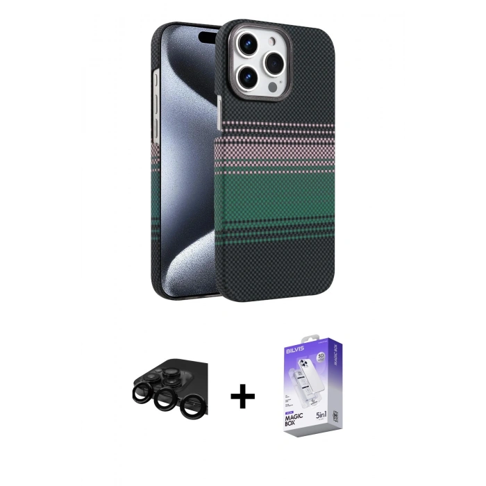 MARSİLYAN™- iPhone 15 Pro Max Kılıf Doruk Serisi - Siyah Bilvis 5in1 3D Magic Cam Ekran Koruyucu + Raze Metal Kamera Lens - SH