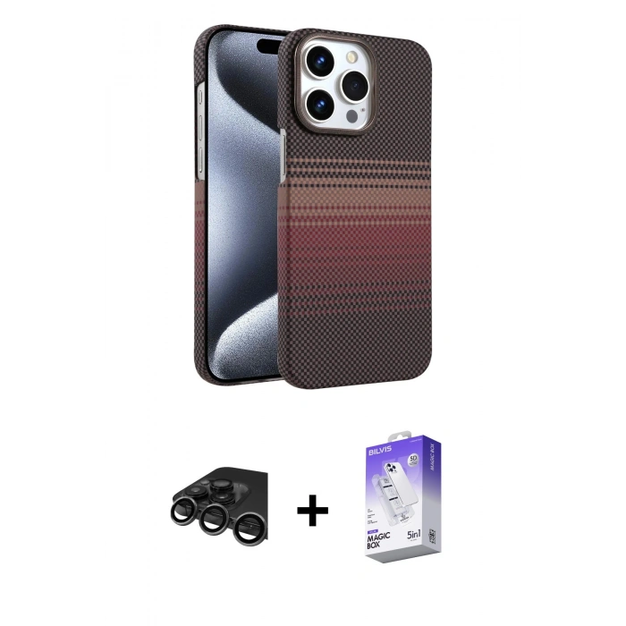 MARSİLYAN™- iPhone 15 Pro Max Kılıf Doruk Serisi - Siyah Bilvis 5in1 3D Magic Cam Ekran Koruyucu + Raze Metal Kamera Lens - TMGI