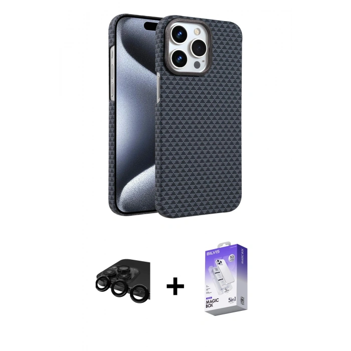 MARSİLYAN™- iPhone 15 Pro Max Kılıf Doruk Serisi - Siyah Bilvis 5in1 3D Magic Cam Ekran Koruyucu + Raze Metal Kamera Lens - SH