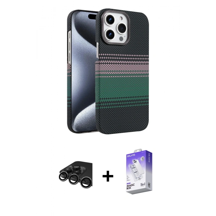 MARSİLYAN™- iPhone 15 Pro Max Kılıf Doruk Serisi - Siyah Bilvis 5in1 3D Magic Cam Ekran Koruyucu + Raze Metal Kamera Lens - TMGI