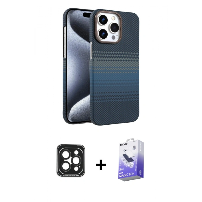 MARSİLYAN™- iPhone 15 Pro Max Kılıf Doruk Serisi - Siyah Bilvis 5in1 5D Magic Hayalet Cam Ekran Koruyucu + PVD Metal Kamera Lens - SH