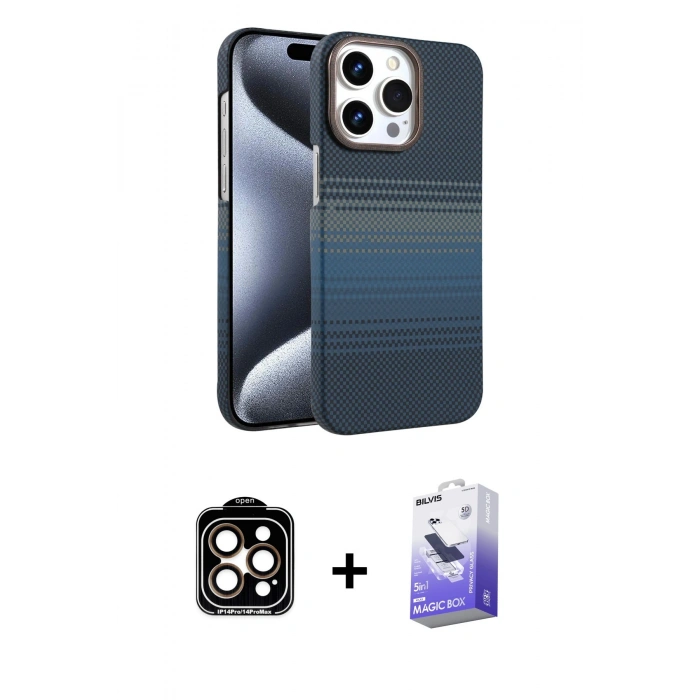 MARSİLYAN™- iPhone 15 Pro Max Kılıf Doruk Serisi - Siyah Bilvis 5in1 5D Magic Hayalet Cam Ekran Koruyucu + PVD Metal Kamera Lens - TU