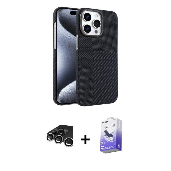 MARSİLYAN™- iPhone 15 Pro Max Kılıf Doruk Serisi - Siyah Bilvis 5in1 5D Magic Hayalet Cam Ekran Koruyucu + Raze Metal Kamera Lens - GS