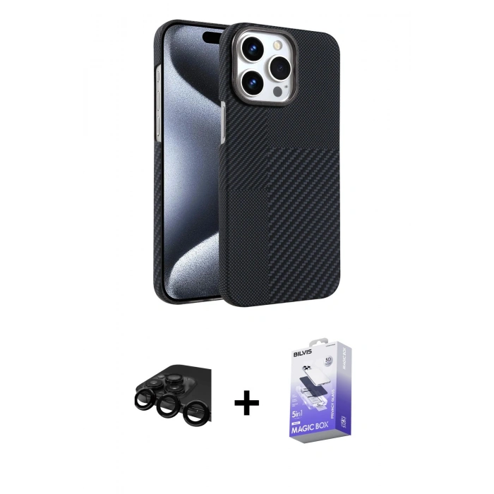 MARSİLYAN™- iPhone 15 Pro Max Kılıf Doruk Serisi - Siyah Bilvis 5in1 5D Magic Hayalet Cam Ekran Koruyucu + Raze Metal Kamera Lens - SH
