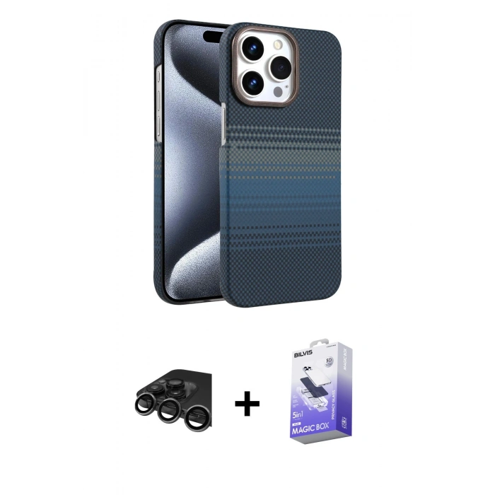 MARSİLYAN™- iPhone 15 Pro Max Kılıf Doruk Serisi - Siyah Bilvis 5in1 5D Magic Hayalet Cam Ekran Koruyucu + Raze Metal Kamera Lens - TMGI