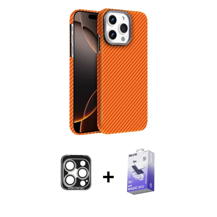 MARSİLYAN™- iPhone 15 Pro Max Kılıf Doruk Serisi - Siyah Bilvis 5in1 5D Magic Hayalet Cam Ekran Koruyucu + PVD Metal Kamera Lens - GS