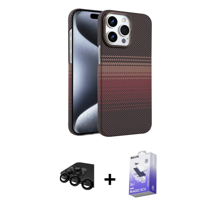 MARSİLYAN™- iPhone 15 Pro Max Kılıf Doruk Serisi - Siyah Bilvis 5in1 5D Magic Hayalet Cam Ekran Koruyucu + Raze Metal Kamera Lens - SH