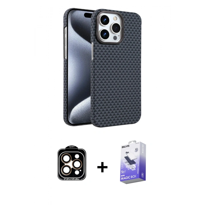 MARSİLYAN™- iPhone 15 Pro Max Kılıf Doruk Serisi - Siyah Bilvis 5in1 5D Magic Hayalet Cam Ekran Koruyucu + PVD Metal Kamera Lens - TU